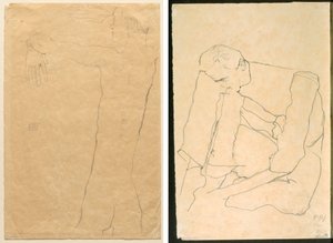 Alaston mies kädet ylös (recto) Istuva mies (käänteinen) tekijältä Egon Schiele