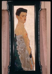 Nude Self-Portrait with Ornamental Drapery ... (öljy ja metalliväri) tekijältä Egon Schiele