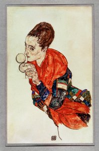 Muotokuva näyttelijä Marga Boernerista ja puuterilaatikosta ... (guassi ja musta väriliitu) tekijältä Egon Schiele