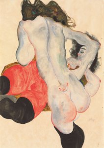Makaava nainen punaisissa housuissa ja seisova nainen, 1912