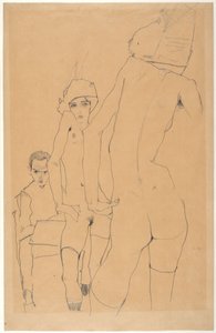 Schiele alastonmallin kanssa ennen peiliä, 1910