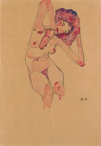 Istuva nainen alaston, kumara pää ja kohotetut kädet; Istuva alasti, pää kumartunut ja kädet koholla, 1910