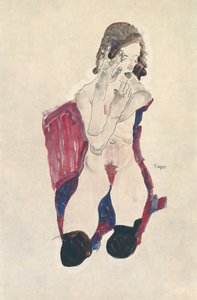 Istuva tyttö mustat sukat ja kädet ristissä; Istuva tyttö mustat sukat ja kädet koholla, 1911 tekijältä Egon Schiele