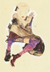 Istuva tyttö raidallisilla sukkahousuilla; Istuva tyttö raidallisissa sukkahousuissa, 1910 tekijältä Egon Schiele