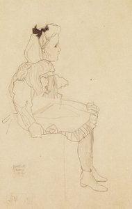 Istuva tyttö rusetti hiuksissaan, 1909 tekijältä Egon Schiele