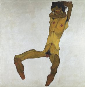 Istuva miesalaston (omakuva)  tekijältä Egon Schiele