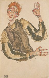 Omakuva raidallisilla hihansuojuksilla tekijältä Egon Schiele