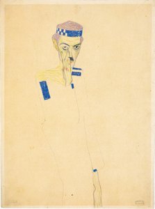 Omakuva sinisellä ruudullisella otsapantalla, 1909. tekijältä Egon Schiele