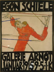 Omakuva Saint Sebastianina, julistesuunnittelu am-näyttelyyn Galerie Arnotissa, 1914 (guassi, musta värikynä ja muste pahville)