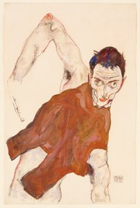 Omakuva nyrkissä, oikea kyynärpää koholla, 1914 tekijältä Egon Schiele
