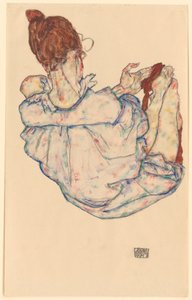 Istuva nainen selkäpuolelta tekijältä Egon Schiele