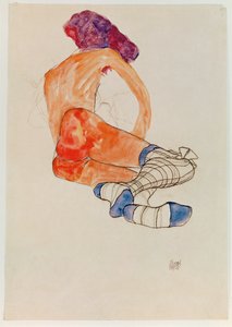 Istuva naisen alaston sinisen sukkanauhan kanssa, ... (guassi, akvarelli ja hiili) tekijältä Egon Schiele