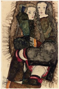 Kaksi tyttöä fringed peitolla; Kaksi tyttöä hapsuisella peitolla, 1911 tekijältä Egon Schiele