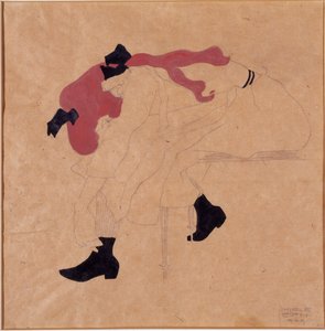 Nuori tyttö mustalla nauhalla punaisilla hiuksilla, pukemassa kenkiään, 1909 tekijältä Egon Schiele
