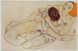 Kaksi tyttöä - Rakastava pari ... (guassi ja lyijykynä) tekijältä Egon Schiele