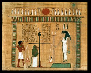Sydämen punnitus, yksityiskohta Kuolleiden kirjan sivulta (papyrus)