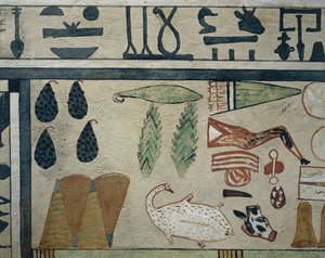 Paneelin yksityiskohta eri ruokatarjouksista Sarcophagus of Irinimenpusta tekijältä Egyptian 12th Dynasty