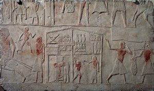 Elintarvikkeiden järjestäminen varastoissa, kalkkikivinen seinäreliefi, Horemhebin memfiittihaudasta Saqqarassa, Egyptin sivilisaatio, Uusi valtakunta, XVIII dynastia tekijältä Egyptian 18th Dynasty