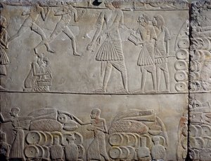Elintarvikkeiden järjestäminen varastoissa, kalkkikivinen seinäreliefi, Horemhebin memfiittihaudasta Saqqarassa, Egyptin sivilisaatio, Uusi valtakunta, XVIII dynastia tekijältä Egyptian 18th Dynasty