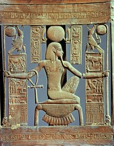 Tutankhamonin (n. 1370-52 eKr.) haudasta peräisin olevan tuolin selkänoja, joka kuvaa miljoonien vuosien henkeä, New Kingdom (setripuu) (katso myös 227983)