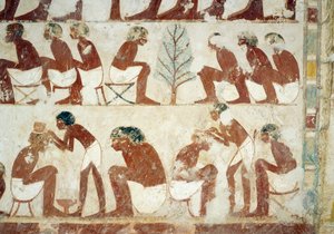 Sotilaiden hiusten leikkaus, fresko, eteläseinä, läntinen poikittaiskammio, Userhatin hauta, opettaja ja kirjuri Amenhotep II:n hallituskaudella, joka tunnetaan myös nimellä TT56, Sheikh Abd el-Qurna, Thebes. Egyptin sivilisaatio, Uusi kuningaskunta, dynas tekijältä Egyptian 18th Dynasty