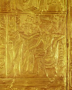 Yksityiskohta Kultaisesta pyhäköstä, Tutankhamonin haudasta (n. 1370-1352 eKr.) Uusi kuningaskunta (puu, joka on päällystetty kullalla päällystetyllä gessolla)
