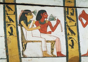 Yksityiskohta Madjan naisen sarkofagin koristeesta, Uusi kuningaskunta, n. 1450 eKr. (maalattu puu) tekijältä Egyptian 18th Dynasty