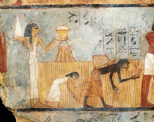 Egypti, Thebe, Unsun hauta, nainen tuo ruokaa peltotyöläisille, seinämaalaus tekijältä Egyptian 18th Dynasty