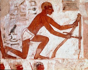 Egyptiläinen taide: Rekhmiren hauta. Ploucher työskentelee maataloustyökalunsa kanssa. Luxorin fresko (Thebes, Sheikh Abd al-Gournahin (Gournah) hautausmaa, Niilin vasen ranta, Egypti. - Muinainen Egypti: Rekhmiren hauta. Kyntäjän työ agrillaan tekijältä Egyptian 18th Dynasty