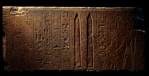 Egyptiläinen antiikki: yksityiskohta kaiverretusta fresosta, joka kuvaa kuningatar Hatsepsutia (vasemmalla) ja kahta obeliskiä Amonin temppelissä - hänen hallituskautensa 15 (1475-1468 eKr.) 18. dynastia - Luxor, Egyptin taidemuseo tekijältä Egyptian 18th Dynasty