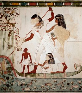 Egyptiläinen antiikki: "" kalastuskohtaus"" Jalo Menna kuvaa veneessä vaimonsa harponoimassa kalaa. Fresko Mennan haudasta (TT69) Gournahin aatelisten hauta-alueelta. Sheikh Abd al-Gournah (el Gournah), Luxor Egypti tekijältä Egyptian 18th Dynasty