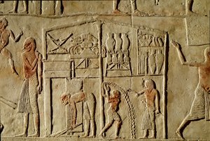 Egyptiläinen antiikki: "" elintarvikkeita säilytetään varastoissa"" Reliefi 18. dynastian korkean virkamiehen hautaa koristamassa. Bologna Civico Museo Archeologico tekijältä Egyptian 18th Dynasty