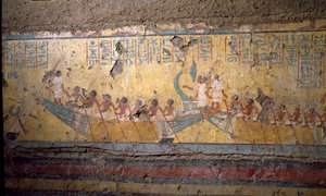 Egyptiläistä antiikkia: taidemaalari Maian haudan fresko, pyhiinvaellus veneellä Abydoksessa, Osiriksen lainaus. 18. dynastia. Maian kappelista, Deir el-Medineh (el Medineh), New Empire Dim. 67 cm Torino, Egyptiläinen museo tekijältä Egyptian 18th Dynasty