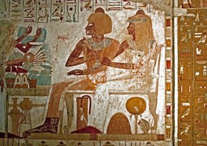 Egyptiläinen antiikki: maalaus kylpylä (18. dynastia) vanhemman virkamiehen (18. dynastian) hautaa koristava maalaus hänen vaimonsa Mutneferetin (Moutneferet) kanssa vastaanottamassa lahjoituksia (kaulakoru, tarjotin lootuksenkukalla ja ruokaa). Luxor, Wes tekijältä Egyptian 18th Dynasty