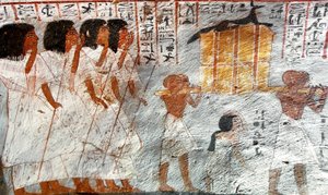 Egyptiläinen antiikki: kulkue katosten kantajien kanssa, joita käytettiin vainajan sisäelinten keräämiseen. Royn haudan maalaus tekijältä Egyptian 18th Dynasty