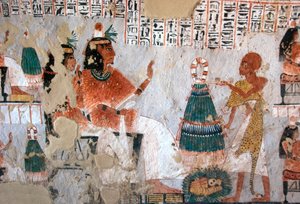 Egyptiläinen antiikki: Roy ja hänen vaimonsa Nebtawy päin ylipappia. Royn haudan maalaus (TT255). 18. dynastia. Luxorin Länsirannalta Egyptistä tekijältä Egyptian 18th Dynasty