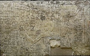 Egyptiläinen antiikki: esitys uhrien kantajista. Matala kohokuvio Visir Ramoseen haudasta (18. dynastia). Luxor, Thebes, Egyptin aatelisten laakso tekijältä Egyptian 18th Dynasty