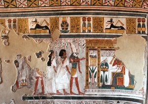 Egyptiläinen antiikki: Horus opastaa Royn ja hänen vaimonsa Osirikseen. Fragmentit freskosta Tomb of Royn haudasta (TT255). 18. dynastia. Luxorin Länsirannalta Egyptistä tekijältä Egyptian 18th Dynasty