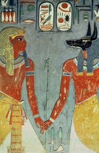 Horemheb ja Anubis, Horemhebin haudasta (n. 1323-1295 eKr.) Uusi kuningaskunta (seinämaalaus) tekijältä Egyptian 18th Dynasty