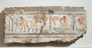 Kirjoitus erityisen selkeillä hieroglyfeillä: mies kävelykeppinsä kanssa, parrakas jumala kyykyssä, mies käsi suullaan ... tekijältä Egyptian 18th Dynasty