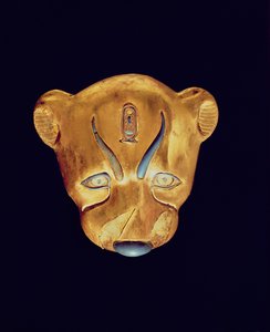 Leopardin pää, Tutankhamonin haudasta, Uusi valtakunta (gessolla päällystetty puu, jonka päällä on kultaa).
