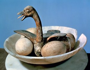 Munia sisältävässä pesässä olevalla linnulla koristetun alabasteripurkin kansi Tutankhamonin haudasta (n. 1370-52 eKr.) New Kingdom (maalattua ja stukkottua puuta)