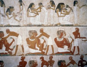 Miehet ja naiset pukeutuvat koruihin, yksityiskohta freskoista Rekhmiren haudassa, Sheikh Abd el Qurnah Necropolis, Luxor, Thebes (Unescon maailmanperintöluettelo) tekijältä Egyptian 18th Dynasty