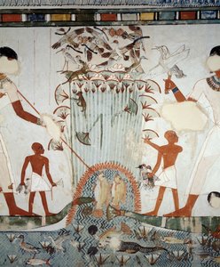 Menna ja hänen perheensä kalastusta ja lintuja Niilin soilla, yksityiskohta freskoista Mennan haudan kappelissa, Sheikh Abd el Qurnah Necropolis, Luxor, Thebes (Unescon maailmanperintöluettelo) tekijältä Egyptian 18th Dynasty