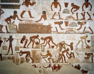 Metallintyöstö ja tiilien valmistus, yksityiskohta freskoista Rekhmiren haudassa, Sheikh Abd el Qurnah Necropolis, Luxor, Thebes (Unescon maailmanperintöluettelo) tekijältä Egyptian 18th Dynasty