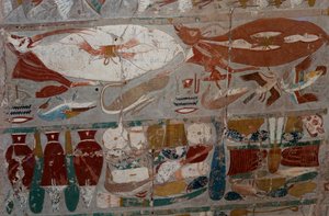 Maalattu perusreliefi, kuningatar Hatsepsutin hautajaistemppeli, Djeser-Djeseru (Pyhäin pyhä), Deir el-Bahri, Luxor, Thebe (Unescon maailmanperintöluettelo). tekijältä Egyptian 18th Dynasty