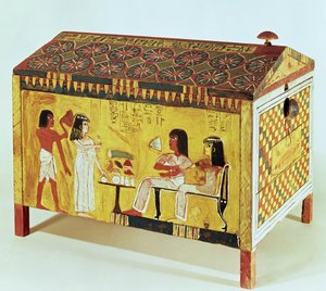 Maalattu arkku, jossa on juhlakohtaus Khan (d.c.1390-52 eKr.) haudasta, joka löydettiin Deir el-Medinasta, Uudesta kuningaskunnasta (puu)