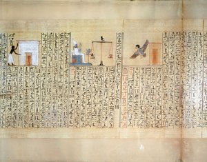 Sydämen punnitsemista kuvaava papyrus Maiherperin kuolleiden kirjasta. tekijältä Egyptian 18th Dynasty