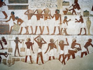 savenvalaajat ja työntekijät, yksityiskohta freskoista Rekhmiren haudassa, Sheikh Abd el Qurnah Necropolis, Luxor, Thebes (Unescon maailmanperintöluettelo) tekijältä Egyptian 18th Dynasty
