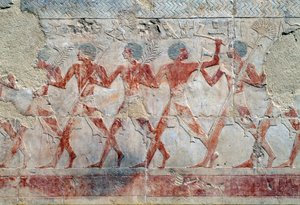 Kulkue-esitys, itäseinä, ylempi piha, Hatsepsutin hautajaistemppeli, Deir el-Bahari, Thebanin nekropolis (Unescon maailmanperintöluettelo). tekijältä Egyptian 18th Dynasty